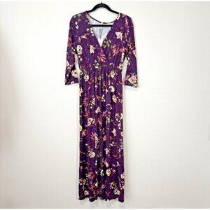 Mother Bee Maternity Maxi Dress L Purple Floral Stretchy V-Neck NWT Baby Shower
